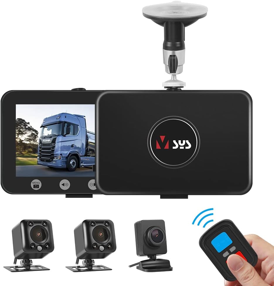 VSYSTO Semi Truck Dash Cam 3-Channel 1080p Front + HD Side Views(Left/Right) IR Night Vision Waterproof Design WiFi GPS 2.4G Remote Supported for Vans, Trailers, and Cars