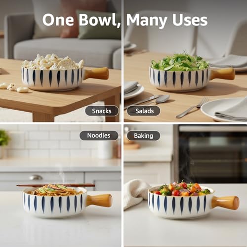 Image of Amazon Basics Ceramic Snack Bowl with Handle | White & Blue Serving Bowl with Yellow Handle | Microwave & Dishwasher Safe Big Bowl Perfect for Snacks, Noodles, Salads, Soup, Baking (700ml)