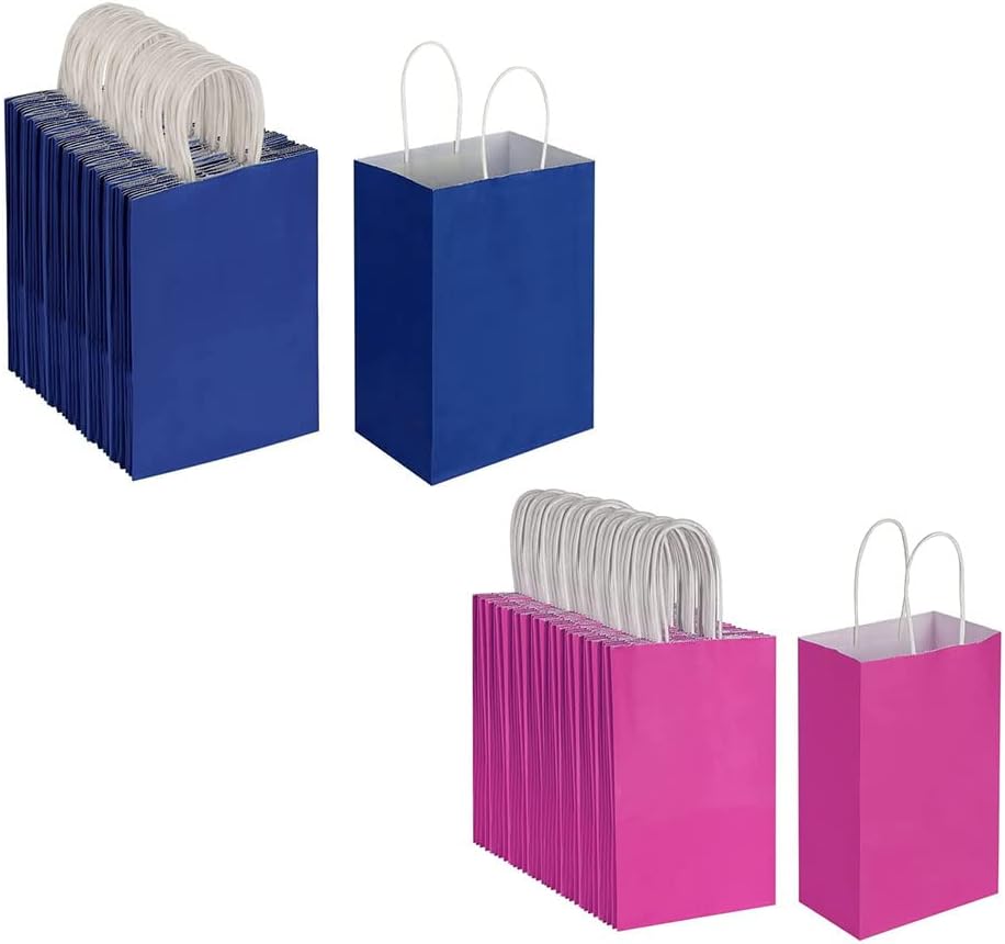 Oikss Each 100 Pack Small Blue & Fuchsia Kraft Paper Gift Bags with Handles Bulk