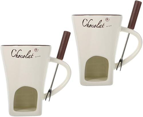 BESTonZON Juego de 2 tazas de fondue con tenedores de cerámica personal de chocolate para derretir mantequilla, calentadores de mantequilla, vela,