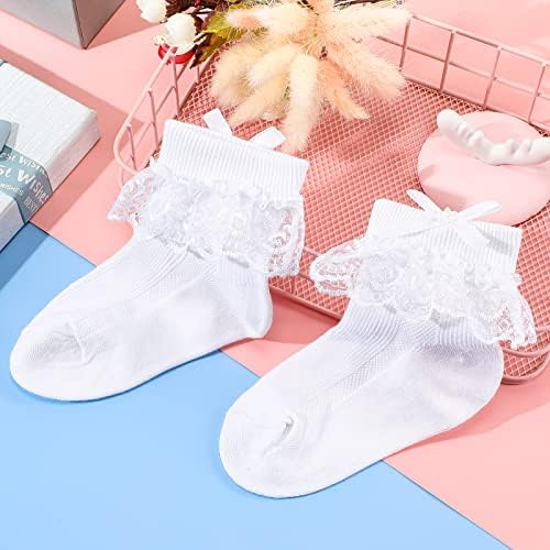 Geyoga Girls White Lace Frilly Socks Cute White Bow Ankle Socks Girls Socks Soft Cotton Socks Cream Ivory School Socks for Baby Infant Girls Kids