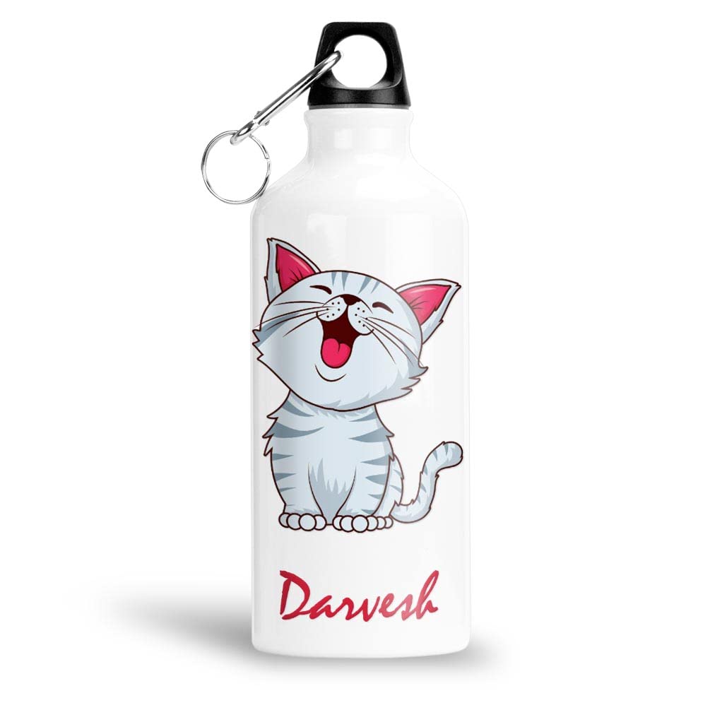 FurnishFantasy Cute Cat Personalised Aluminium 750ml Water Bottle for Kids - Best Birthday Gift for Son, Daughter, Brother, Sister, Return Gift for kids - Color - White, Name - Darvesh