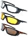3 Pairs Motorcycle Riding Glasses Padded Frame Lense Block 100% UVB for Outdoor Activity Sport (3-Shiny Black/Tortoise, Clear, Yellow, Brown)