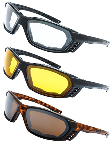 3 Pairs Motorcycle Riding Glasses Padded Frame Lens Block 100% UVB for Outdoor Activity Sport (3-Shiny Black/Tortoise, Clear, Yellow, Brown)