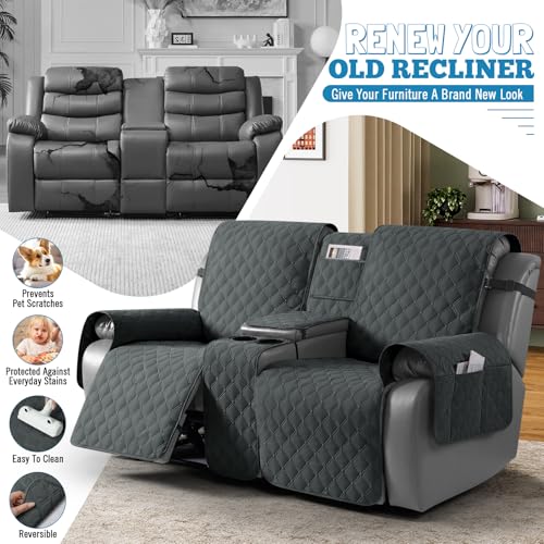 TAOCOCO 100% Waterproof Loveseat Recliner Cover with Center Console, Reversible Reclining Couch Cover for 2 Seats with Leg Straps, Washable Split Sofa Cover Protector for Pets Kids (Dark Gray) — view 4
