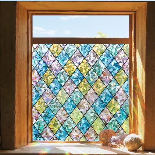 Coavas Stained Glass Window Privacy Film, 3D Rainbow, Pink, 17.5" x 118.1"