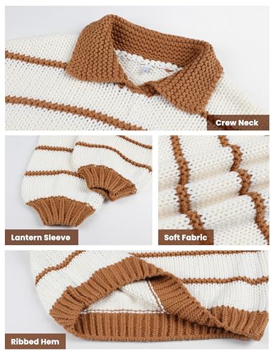 Lentta Womens Striped Sweater Crewneck Drop Shoulder Long Balloon Sleeve Oversized Knit Pullover2