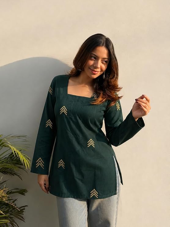 Image of ANNI Designer Viscose Printed Regular Short Kurti for Women | Viscose Green | Full Sleeve | Square Neck | Ethnic Wear Casual Wear