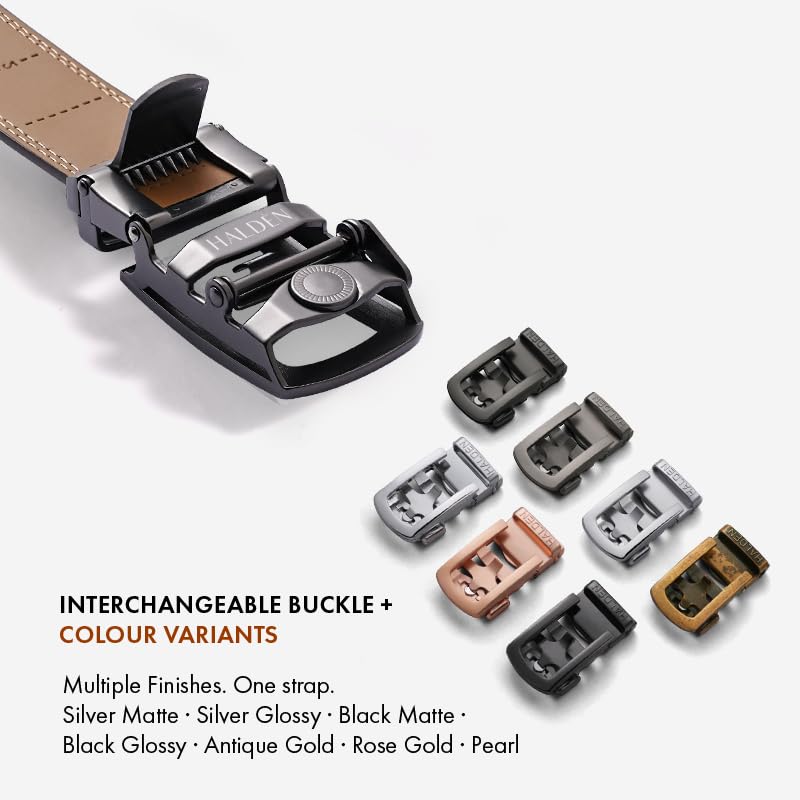 Image of HALDEN BURLEY Belts For Men Leather Original (Free Size Fits Up to 44 Inch Waist) Ratchet Straps, Unique Magnetic Auto-lock Buckle Formal Belts For Men