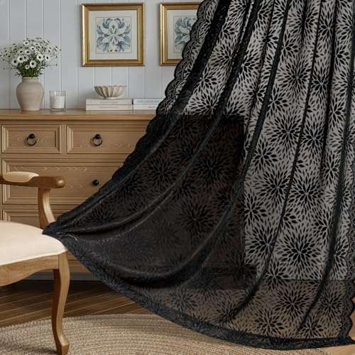 Image of MIULEE Black Floral Lace Curtains 2 Panels, Black 52 inch W x 72 inch L