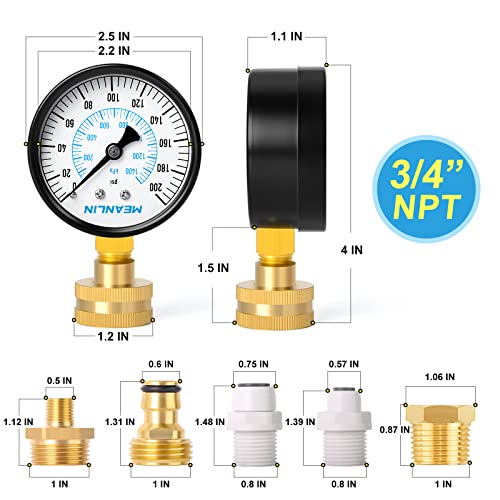 Image of MEANLIN MEASURE 0~200Psi 3 /4 inch Female Water Pressure Kit Plus 5 adapters, 2.5 inch FACE DIAL Multi-Purpose Pressure Gauge Kit, Hydraulic Tester,Suitable for Gardens, Water Pipes, etc