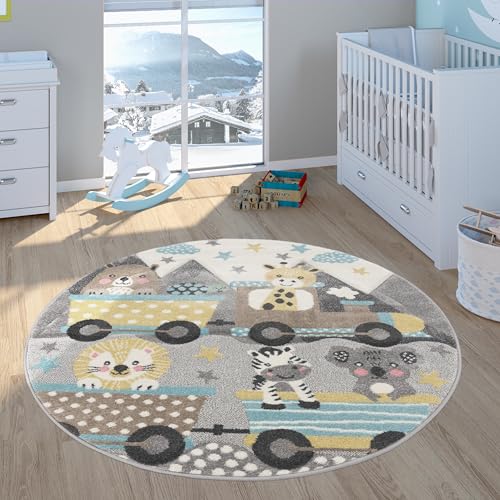 Paco Home Kinderteppich Teppich Kinderzimmer Spielteppich Junge Mädchen 3D Konturenschnitt Tier Motiv Grau Gelb Braun, Grösse:120 cm Rund