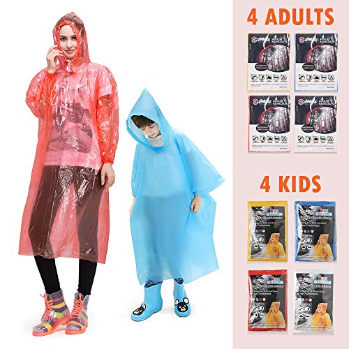 SaphiRose 8 Packs Disposable Ponchos Family Pack Emergency Raincoats for Men Women Kids