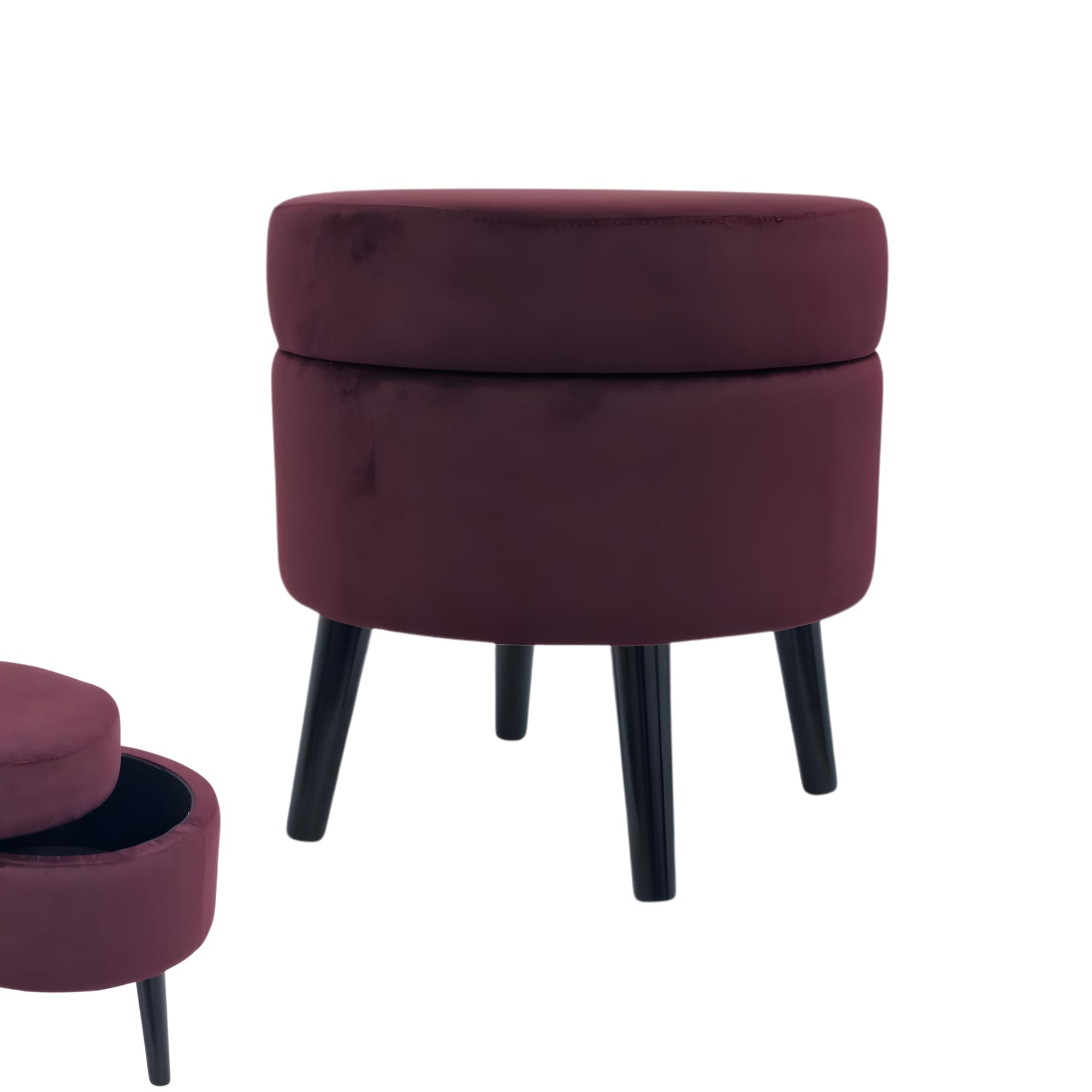 Pouf Contenitore in Velluto Color Bordeaux, Puffo Contenitore Rotondo, Pouf con Piedini in Legno, Pouffe Salotto 38x39 cm