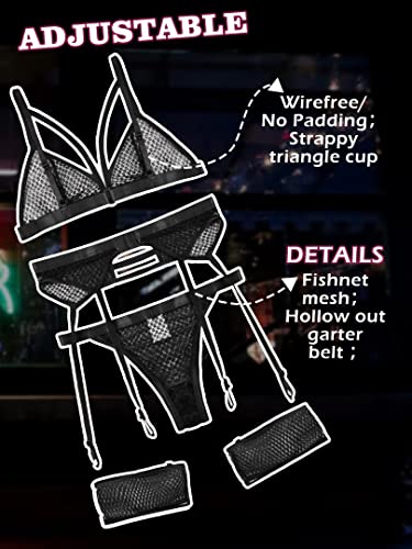 popiv Women's Fishnet Lingerie Sexy Set Lace Bra and Panty Sets with Garter Belt 4 Piece Black - Image 4