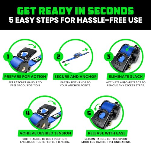 Image of Rhino USA Retractable Ratchet Straps (4-Pack) - 2 Inch x 10 Feet (3,033lb Break Strength) - Heavy Duty Auto Self Retracting Tie Down Straps for Truck, Cargo Trailer, Motorcycle, Rad & More - Blue