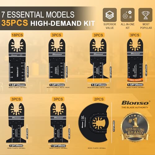 Image of Bionso 35PCS Oscillating Tool Blade Cuts Wood and Metal, Sharp and Durable Titanium Multitool Blades, Multi Tool Blades Kits, Oscillating Saw Blades Fit Dewalt Milwaukee Ryobi Makita Worx Rockwell