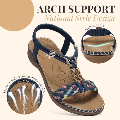 Image of Littleplum Women Sandals Arch Support Handmade Bohemian Braided Flat Sandals Comfort Walking Beach Ankle Elastic Summer Shoes