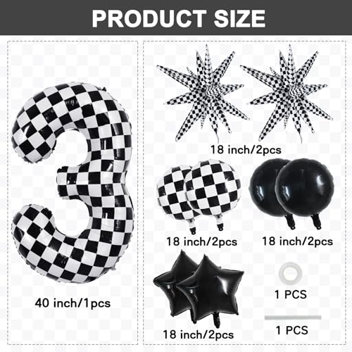 Image of TONIFUL 3rd Birthday Balloons Kit 40 Inch Checkered Number 3 Foil Balloon