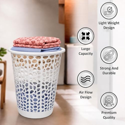 Image of KITCHIVO Plastic Large 55 Ltr Laundry Basket with Lid & Handle | Multipurpose Hamper Bins Storing Washable Clothes, Blankets | Household Ideal for Home & Bathroom (Round White)