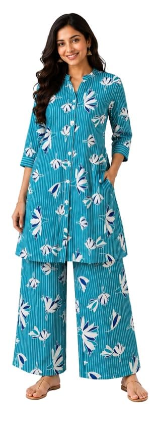 Turquoise Floral Printed Co-ord Set with Tunic & Wide-Leg Trousers-image-15