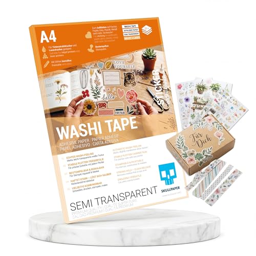 SKULLPAPER® Washi Tape A4 – 20 hojas imprimibles | Inyección de tinta y láser | Apto para plóter | Sellado y pintar, autoadhesivo, despegable, álbum de recortes, diario DIY