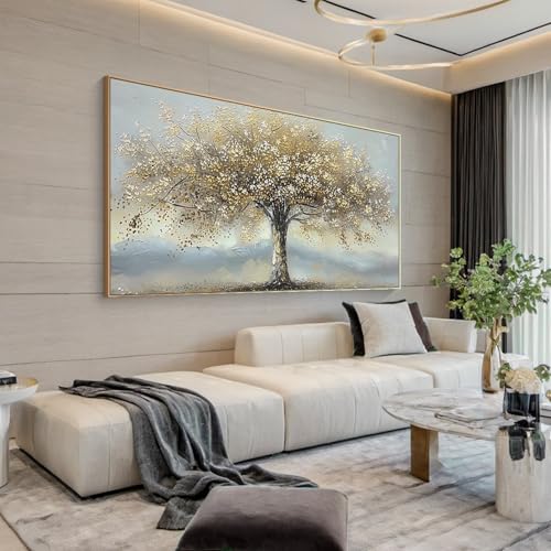 Arbre de vie décoration murale moderne salon tableau abstrait fleurs blanches toile 80x160
