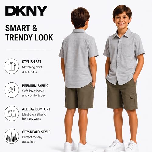 Image of DKNY Boys Shorts Set - 2 Piece Short Sleeve Collared Button Down Shirt and Matching Shorts for Boys (Sizes: 8-12)