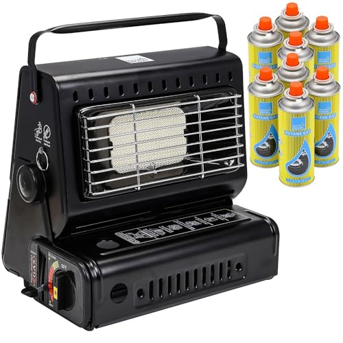 Greenfields Outdoor Gas Heater with 8 Canisters Portable 1.3kW Camping Heater with Ceramic Burner Compact Lightweight Auto Ignition Safety Grill for Patio Garden Caravan Black