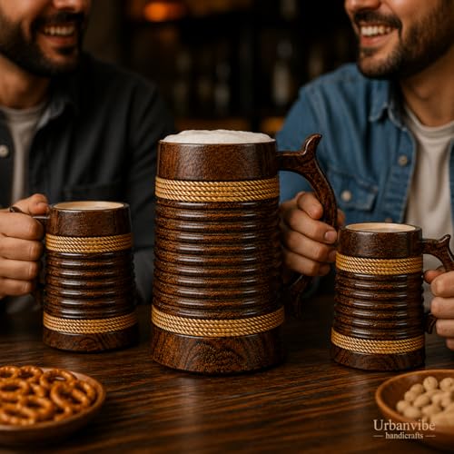 Image of Wooden Beer Bar Combo Set | Barrel Shaped Jumbo Mug | 2 Small Beer Mug 350ML (5 x 4 inches Each) & 1 Large Beer Jug 750ML | Ring Groves