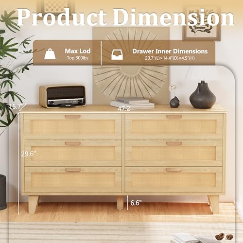 Rattan 6 Drawer Dresser for Bedroom, Boho Wooden Chests of Drawers, Modern Double with Spacious Storage for Closet, Living Room and Entryway, Natural - Image 2