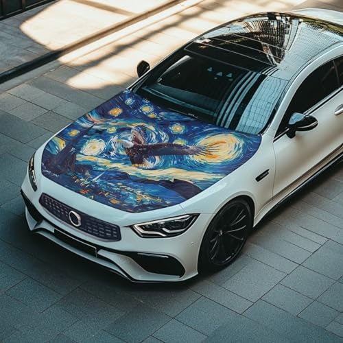 Image of Car Hood Cover for Compact Sedans SUV Trucks, 59x39 Inches Stretchable Eagle Galaxy Auto Hood Wraps Vehicles Banner Automotive Exterior Accessories