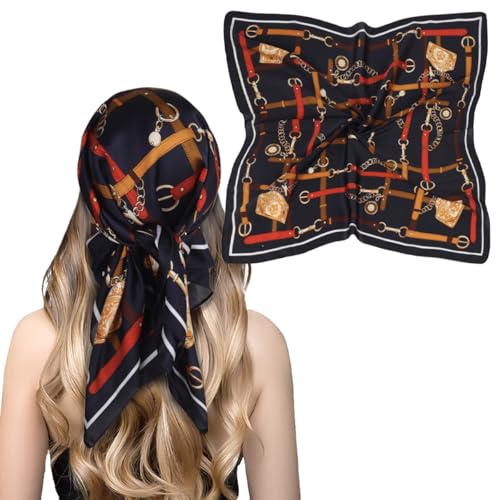 EXTREE Fashion Silky Satin Headscarf for Women Girls: Exquisite Pattern Lightweight Silk Graceful Scarfs 27.5 x 27.5 inches Navy Blue Belt