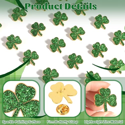 Image of SINCCO 25 /50 /100 Sets St. Patricks Day Clover Lapel Pins Bulk Shamrock Pin Brooches with Irish Blessing Cards Gift Bags for St. Patrick's Day Party Favors Jewelry Accessories