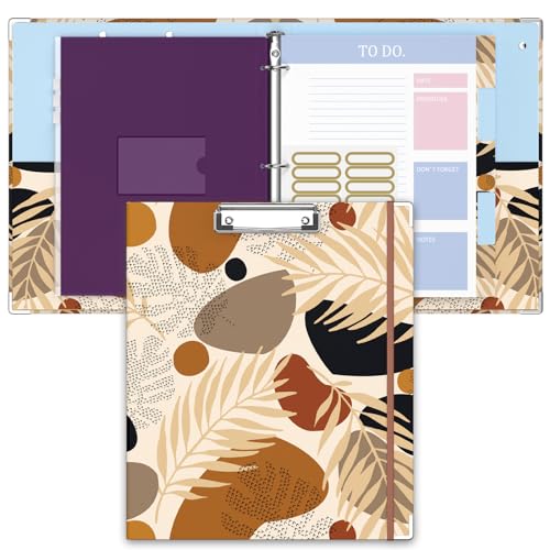 Image of 3 Ring Binder, 1 Inches Round Ring Binder with Clipboard, Dividers Tabs, PVC Zipper Bag Sleeves & to Do List Planners for Women, Men, School, Office Supplies, Modern Leaves