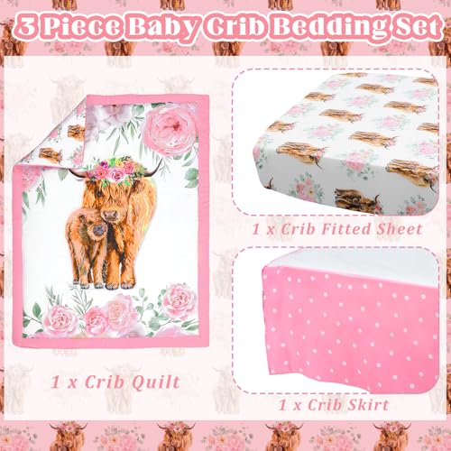Image of Hahafelt 3 Piece Highland Cow Baby Crib Bedding Set for Baby Girls Pink Floral Nursery Crib Sets Includes Quilt,Fitted Crib Sheet, Crib Skirt for Newborns Baby Boy Girl