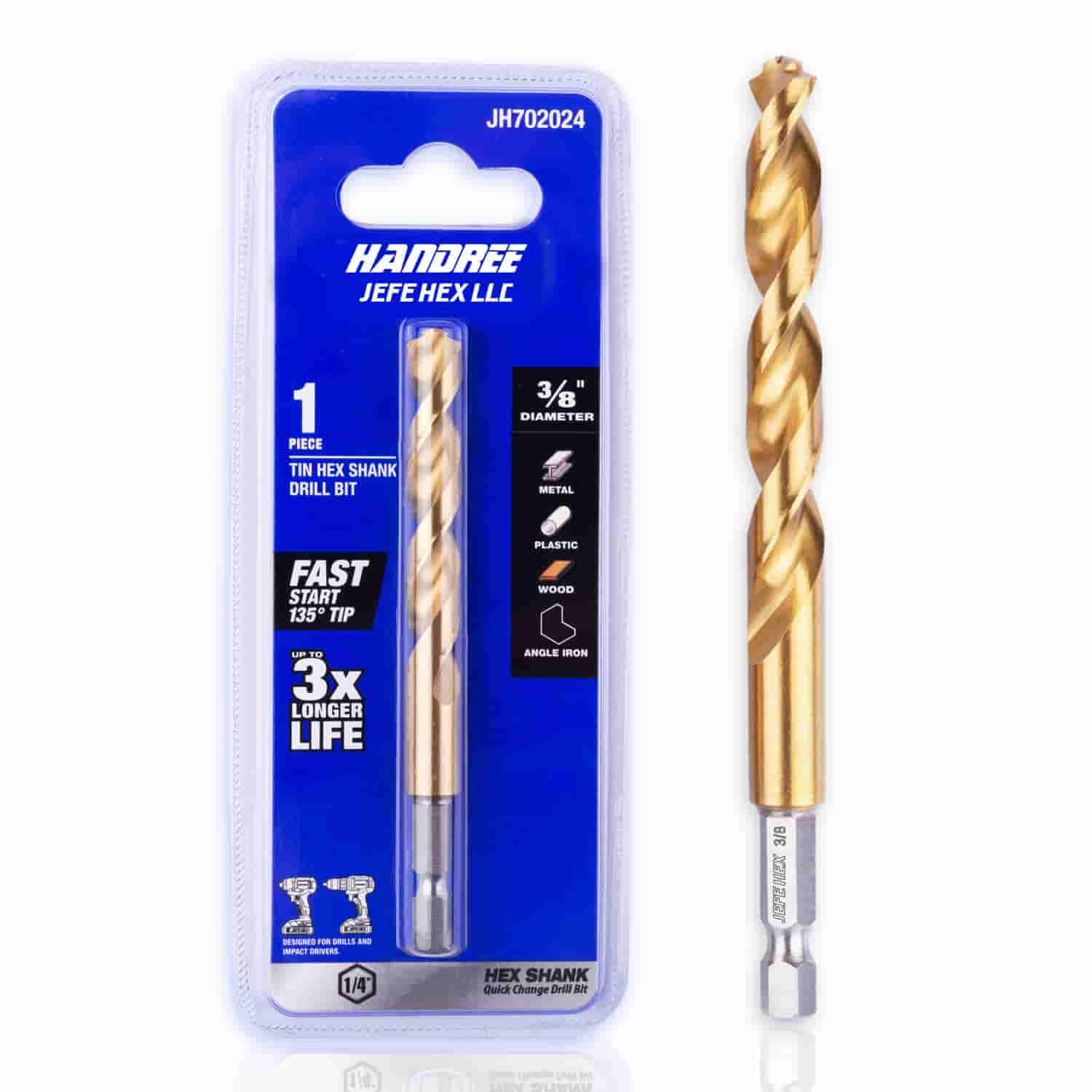 JEFE HEX 3/8" Inch Hex Shank with Titanium Coating Twist Drill Bits, 135 Degree Easy Cut Split Point for Steel, Copper, Aluminum, Zinc Alloy, Wood