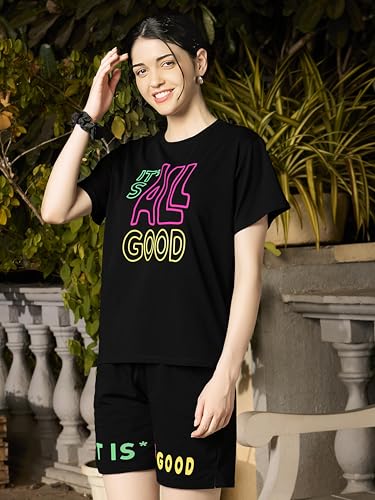 Image of ZEYO Night Suit for Women's Typography Printed Cotton Night Dress of Top and Shorts