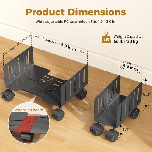 Image of JOY worker Computer Tower Stand, 4.9 to 13.9 inch Wide Adjustable Mobile PC Cart with 5 Wheels, Steel Tower Floor Stand Holds Up to 66 lbs, Rolling Gaming CPU Holder Under Desk, Black