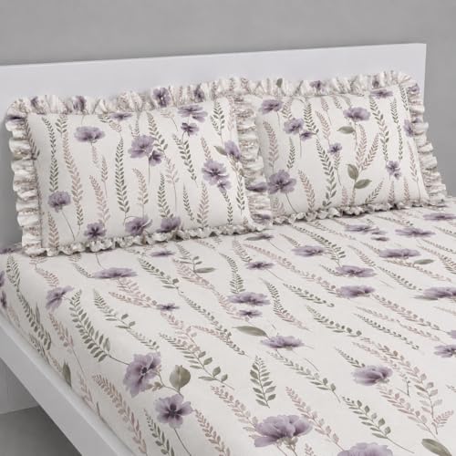 Image of VOMZER King Size (72x78) 300 TC Soft Cotton Feel Microfiber All Around Elastic Fitted Double Bedsheet with 2 Frill Pillow Covers | Wild Floral