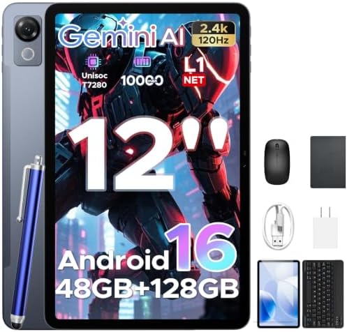 Easerush P12 2026 Latest Android 16 Gaming Tablet, 12 Inch 120Hz 2.4K Android Tablet with Gemini AI, UNISOC T7280 Octa Core, 48GB RAM+128GB, 10000mAh, Widevine L1, Tablet with Keyboard, Pen, Gray