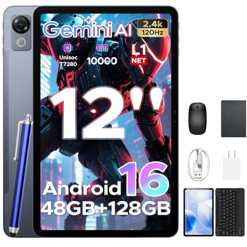 Image of P12 2026 Android 16 Gaming Tablet, 12 Inch 120Hz 2.4K Android Tablet with Gemini AI, UNISOC T7280 Octa Core, 48GB RAM+128GB, 10000mAh, Widevine L1, Tablet with Keyboard, Pen, Gray