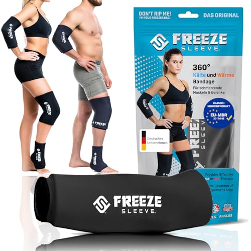 FREEZE SLEEVE Kühlbandage mit Wärmefunktion. Wiederverwendbar und hält von selbst mit 360° Wirkung Kühlpack für Knie Ellbogen Gelenke hilft bei Tennisarm Knieschmerzen (Schwarz - XXL)