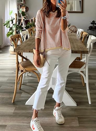 Image of Dokotoo Women's Long Sleeve Sweaters Casual Crewneck Fashion Fall Striped Color Block Shirts High Low Pullover Sweater Tops