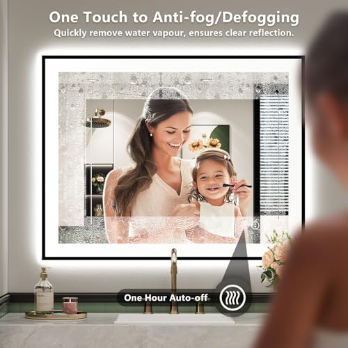 Image of 36x36 Inch LED Bathroom Mirror with Lights (Front Lit and Backlit) Black Framed Lighted Vanity Mirror for Bathroom Wall Dimmable Anti-Fog Memory Tempered Glass Horizontal /Vertical