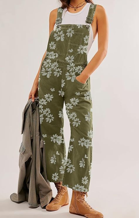 utcoco Women's Floral Print Denim Overalls One Piece Boyfriend Loose Fit Barrel Leg Jumpsuits