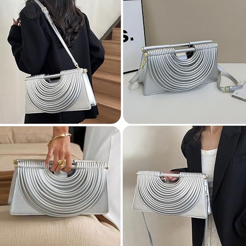 Image of Trendy Woven Evening Clutch Purse Half Round Designer Shoulder /Crossbody Bag Top-Handle Satchel Handbags