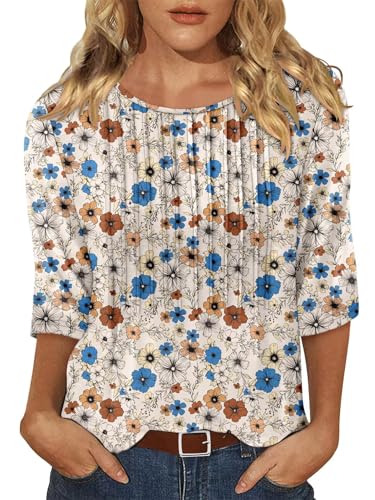 KISSMODA Tunic Tops for Women Loose Fit Dressy Round Neck Pleated 3/4 Length Sleeve Spring Tops