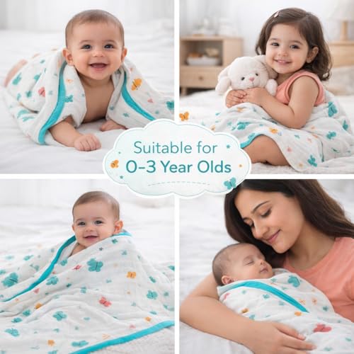 Image of HANUSH 6-Ply Muslin Baby Blanket | 100x100 cm Soft & Breathable Cotton Muslin Blanket for Newborns & Toddlers | Baby Swaddle Blanket | Unisex | Lightweight AC Blanket, Swaddle & Play Mat, Multicolour