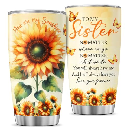JENOIS Sunflower Sister Gift Tumbler, 20oz Insulated Stainless Steel Cup with Heartfelt Message, You Are My Sunshine Butterfly Design, Sentimental Birthday Present for Women, Travel Coffee Mug